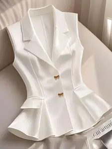 New Arrival Sleeveless Vest for Spring Summer, Solid Color Two-Button Blazer, French V Neck Design, Stylish Outerwear for Women