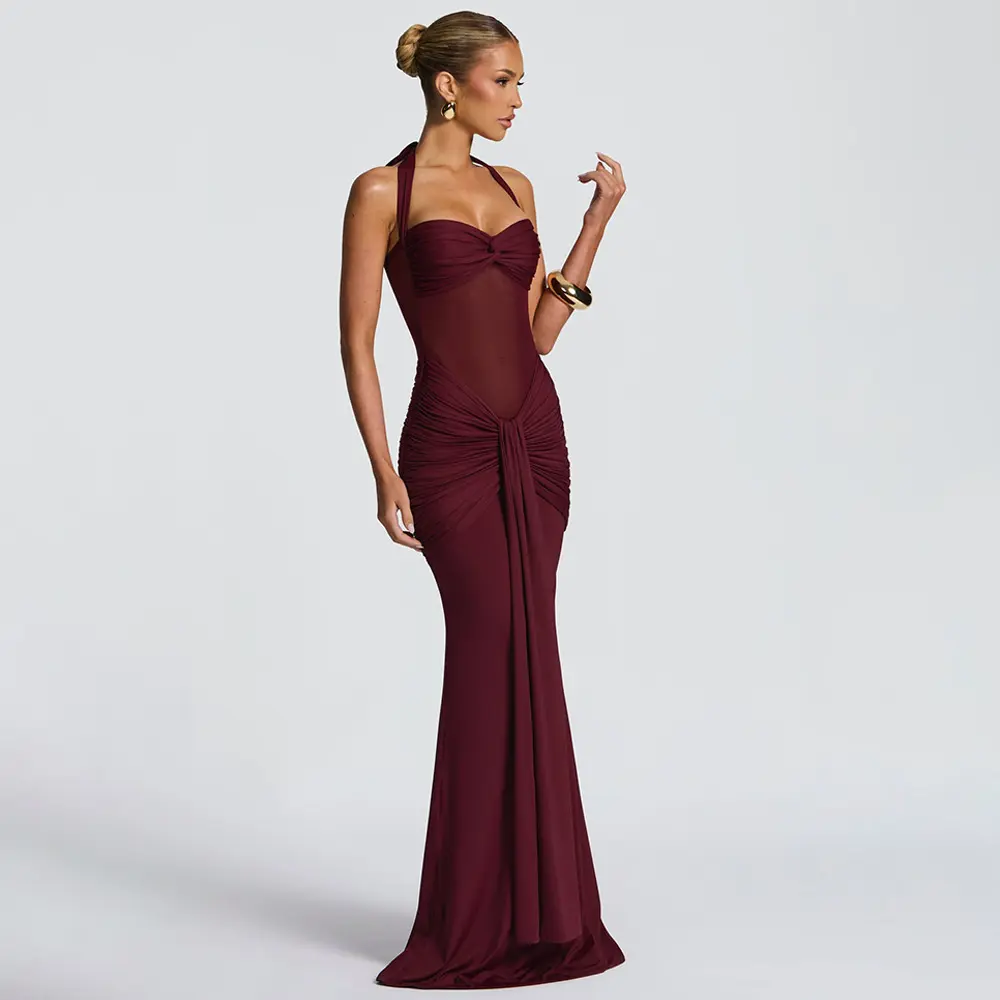 Yesfashion Women's Halter Neck Ruched Sleeveless Tie Waist Bodycon Midi Dress with Mermaid Fishtail Hem, Elegant Formal Evening Party Dress for Summer Going Out Date Night, Black, Wine Red, Size LXX