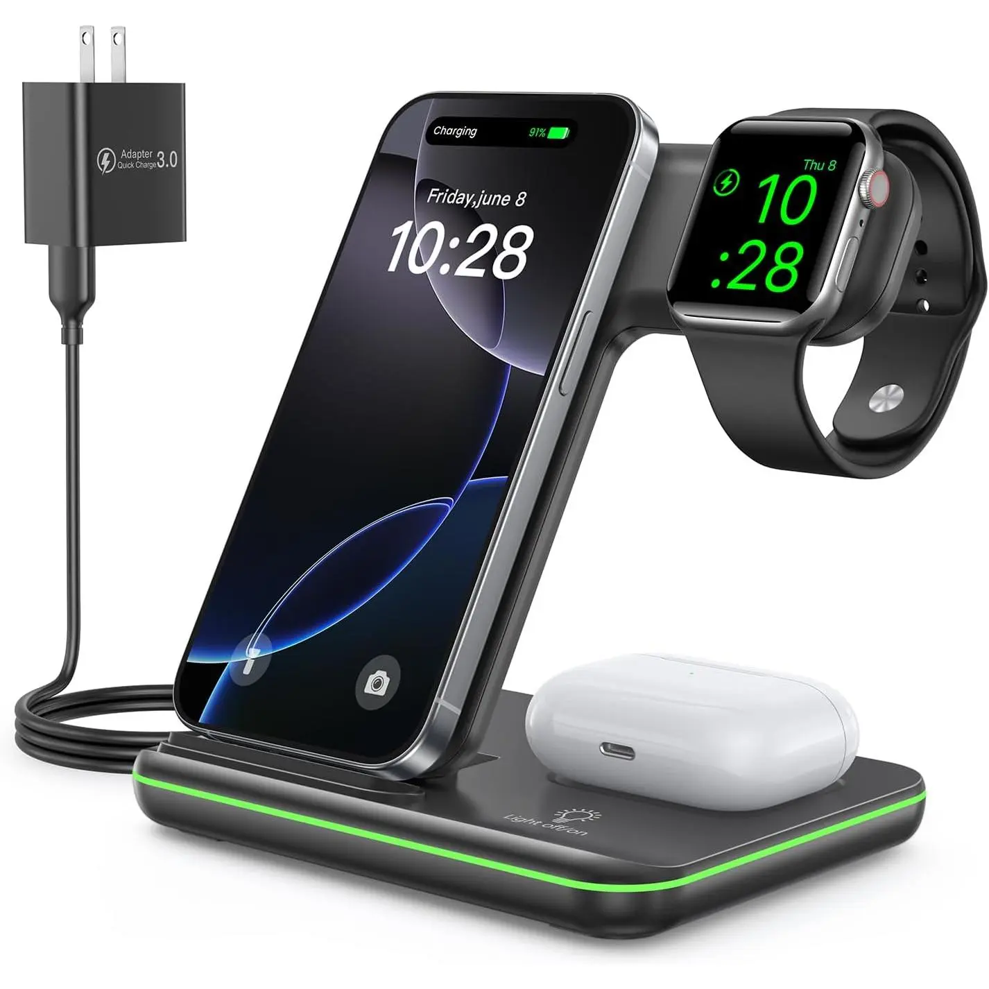 Charger 3 in 1, 15W Fast  Station for  Watch 10/9/8/Ultra 2/Ultra/SE/7/6/5/4/3/2, for AirPods 4/3/2/Pro for  16/15/14/13 /Plus/Pro/Pro Max/12/11(Black)