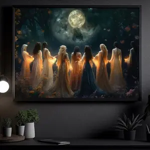 1pc Mystic Moon Ritual Tapestry - Witches Coven Wall Hanging with Seven Glowing Witches in Circle Under Full Moon, Enchanted Forest Goddess Altar Decor in Soft Peach & Golden Tones, Witchy Home Decor for Halloween, Meditation Room, Bedroom - No