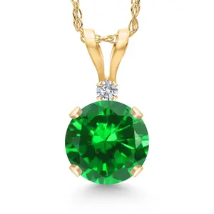 Gem Stone King 14K Yellow Gold Green Created Emerald and Lab Grown Diamond Pendant Necklace for Women | 1.02 Cttw | Gemstone May Birthstone | Round 6MM | With 18 Inch Chain