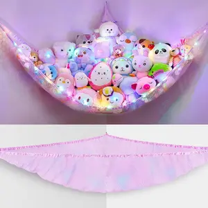 Stuffed Animals Net or Hammock Kids Toy Storage Organizer with LED Light Hanging Corner Stuffed Animals Holder Girls Room Decor Decoration Ornaments