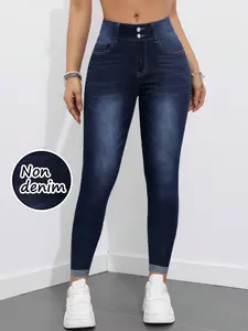Women's Imitation Denim Skinny Pants, Denim Print Design, Stylish Comfortable Fit for Everyday Wear, Bottom, Fitted