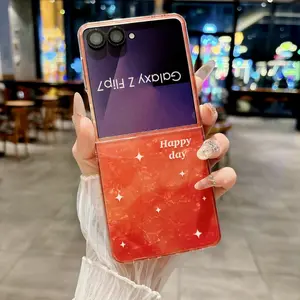 Sweet & Cool Girly Transparent Pleated Red Gradient Stars Glitter Happy Day Foldable Full Protection Anti-Drop Phone Case for Samsung Galaxy Z Flip 7 / Z Flip 6 / Z Flip 5 / Z Flip 7 FE