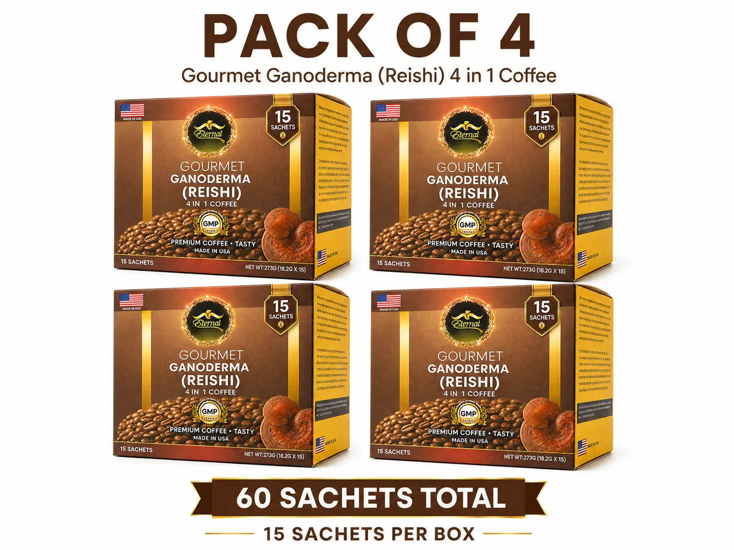Asian Latte Coffee Ganoderma Singles, 15 Packets (0.64 oz) – Instant Coffee Mix with Reishi Mushroom, Creamy Light Roast, Travel-Friendly Sachets, 4 Pack (60 Sachets)
