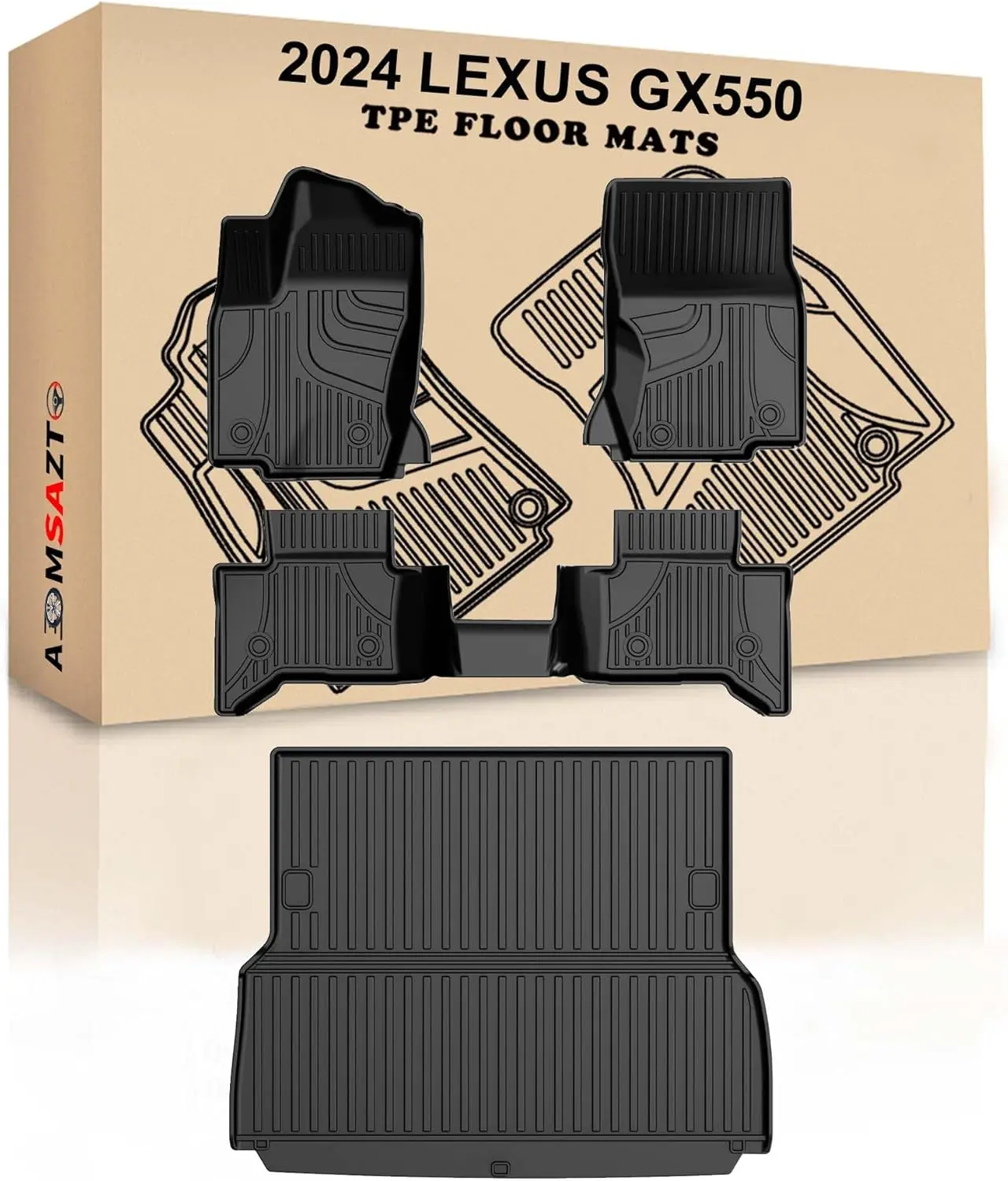 Eco-Friendly TPE Car Floor Mat Set - 5-Seat Car Accessories for 2024-2025 Lexus GX550 & 2025 Model Toyota Land Cruiser, Waterproof, Anti-Slip, Precise Cut, Debris Trap, Easy to Clean, Black Floor & Cargo Trunk Liners