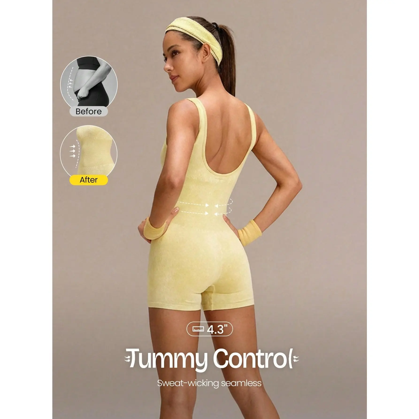 GLOWMODE 4.3" Ultrafine Soft Seamless Own Every Move Ribbed Waist Removable Cups U-Back Short Bodysuit Medium Impact Training Running Workout Gym Wear