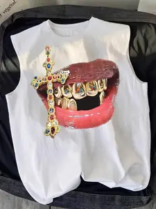 Men's Casual Vest, Background Cross Print Lips Gold Teeth Print, Comfortable Skin-Friendly Fabric, Fashion Versatile Style, Muscle Tank Top