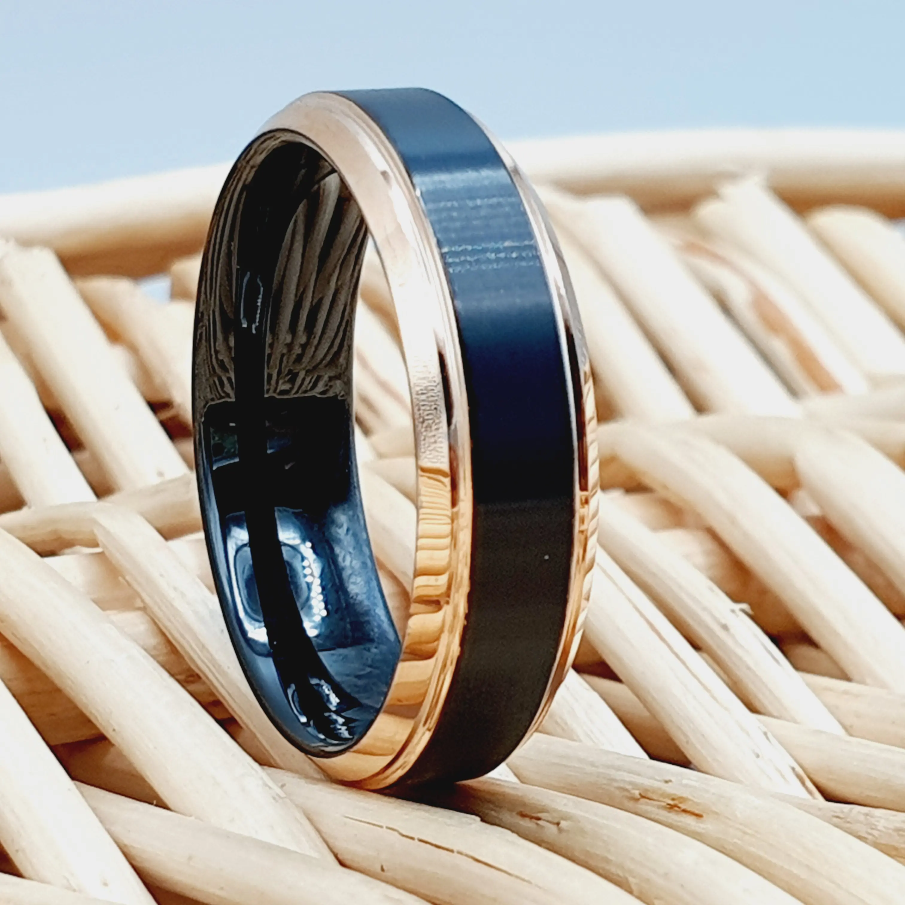 Two Tone Wedding Men's Band Black & Rose Gold IP Brush Center Step Edge Ring