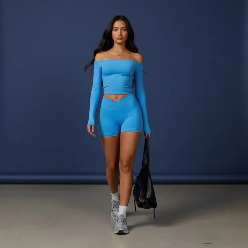 Women's 2 Piece Workout Set, Long Sleeve Sculpting Top and High-Waisted Crossover Shorts, Buttery Soft Nylon Spandex Lounge Outfit, Workout Sets Women, 2 Pcs Set