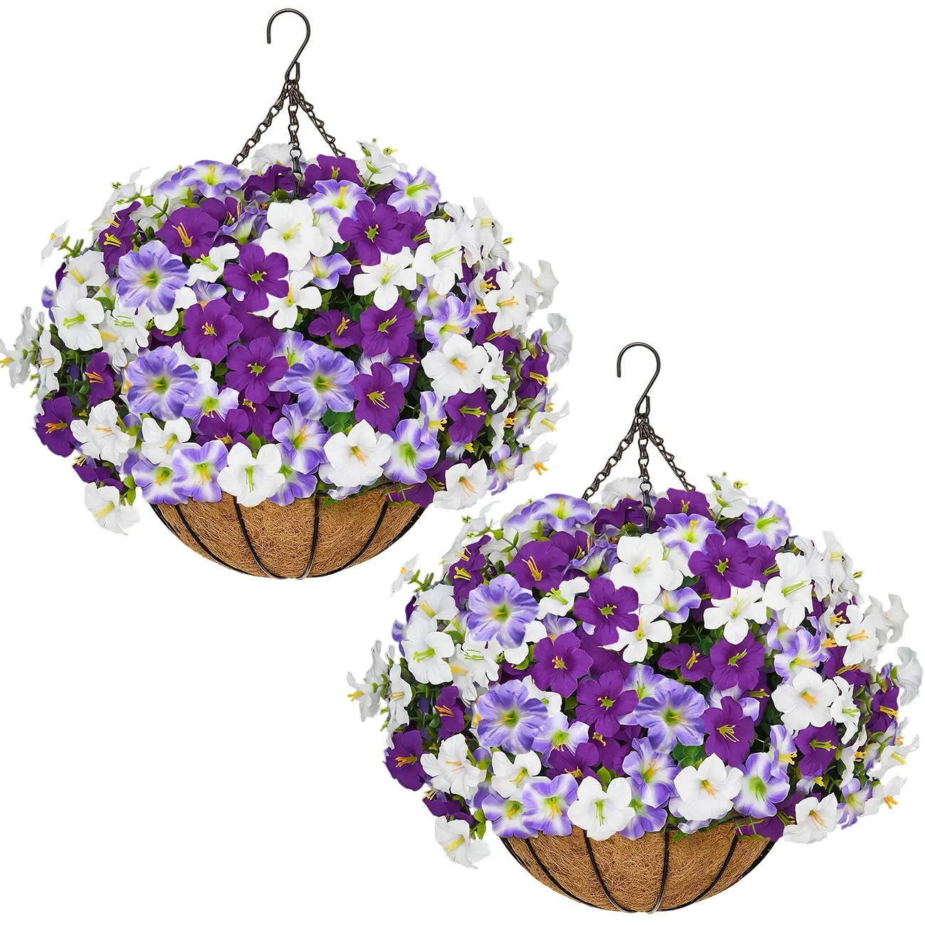 2 Pcs Artificial hanging plant and flower basket, perfect for spring and summer outdoor decoration. Features realistic silk morning glory flowers, UV-resistant, and suitable for porches, patios, balconies, and gardens. summerwins