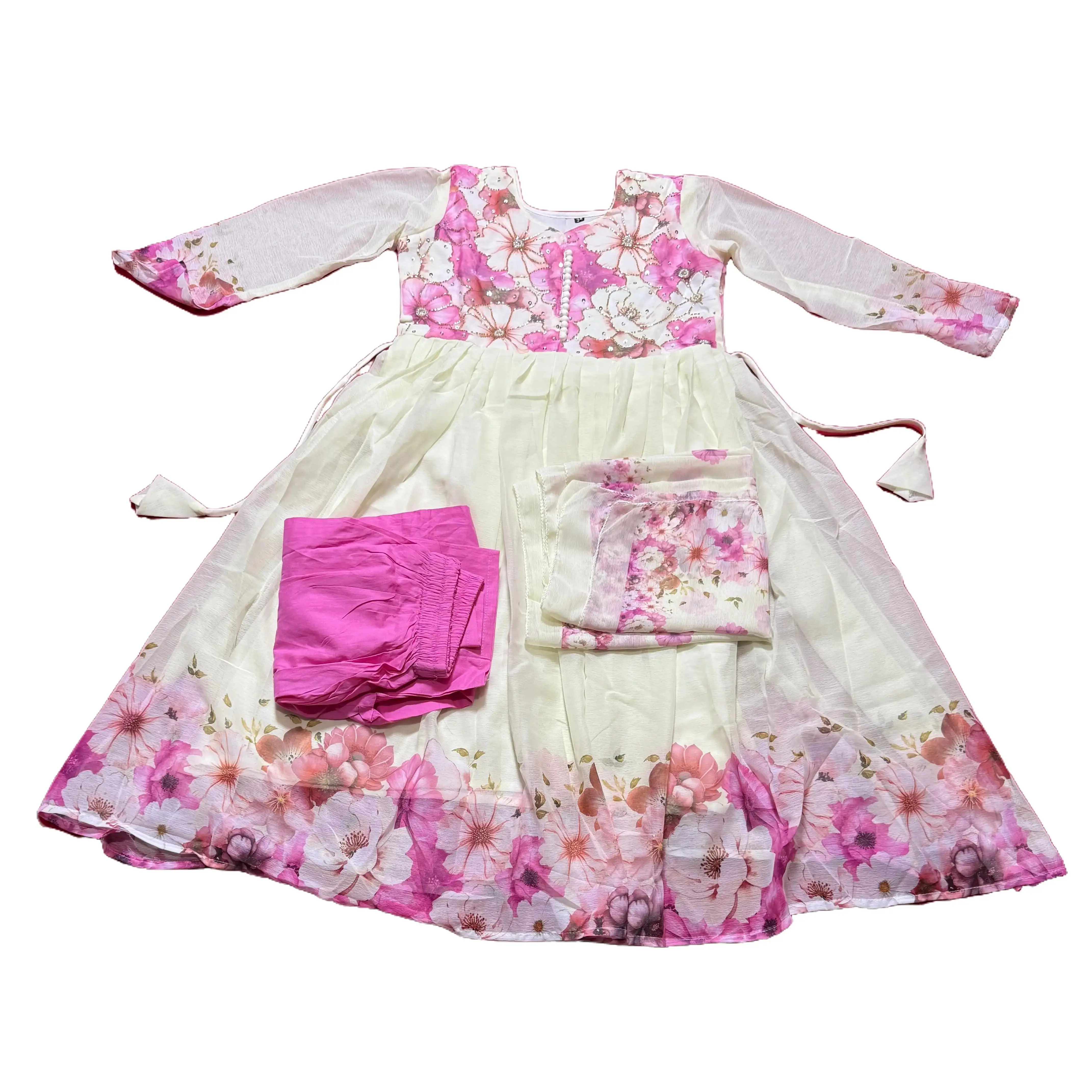 Girls' 3-Piece Floral Chiffon Set - Long Sleeve Floral Printed Dress, Matching Pants & Dupatta for Parties, Casual Wear, Girls Clothes Sets, Light Breathable, Fashion Sets, Bottom Pants