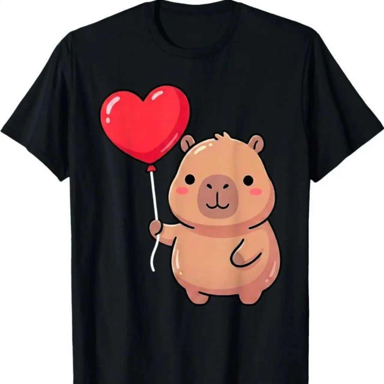 Cute Cartoon Healing Capybara Heart Balloon Print Shortsleeve Round Neck Casual Couple Sports Top - No Box Included