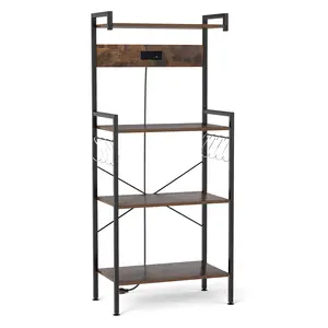 COSTWAY - 4-Tier Kitchen Bakers Rack with Power Outlet and 8 Hooks-Rustic Brown COSTWAY - 4-Tier Kitchen Bakers Rack with Power Outlet and 8 Hooks-Rustic Brown