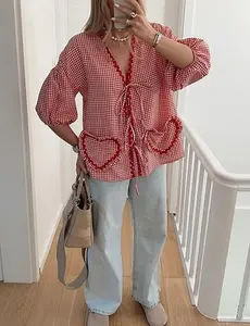 Women Tie Front Tops Puff Sleeve Lace Up Plaid Blouse Teen Girls Cute Babydoll Shirt with Hearts Pockets