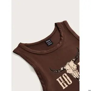 SuitableForSummerMusicFestivalHODY tiktokEZwearWesternCowHeadPatternBrownRoundNeckCasualCroppedTankTop