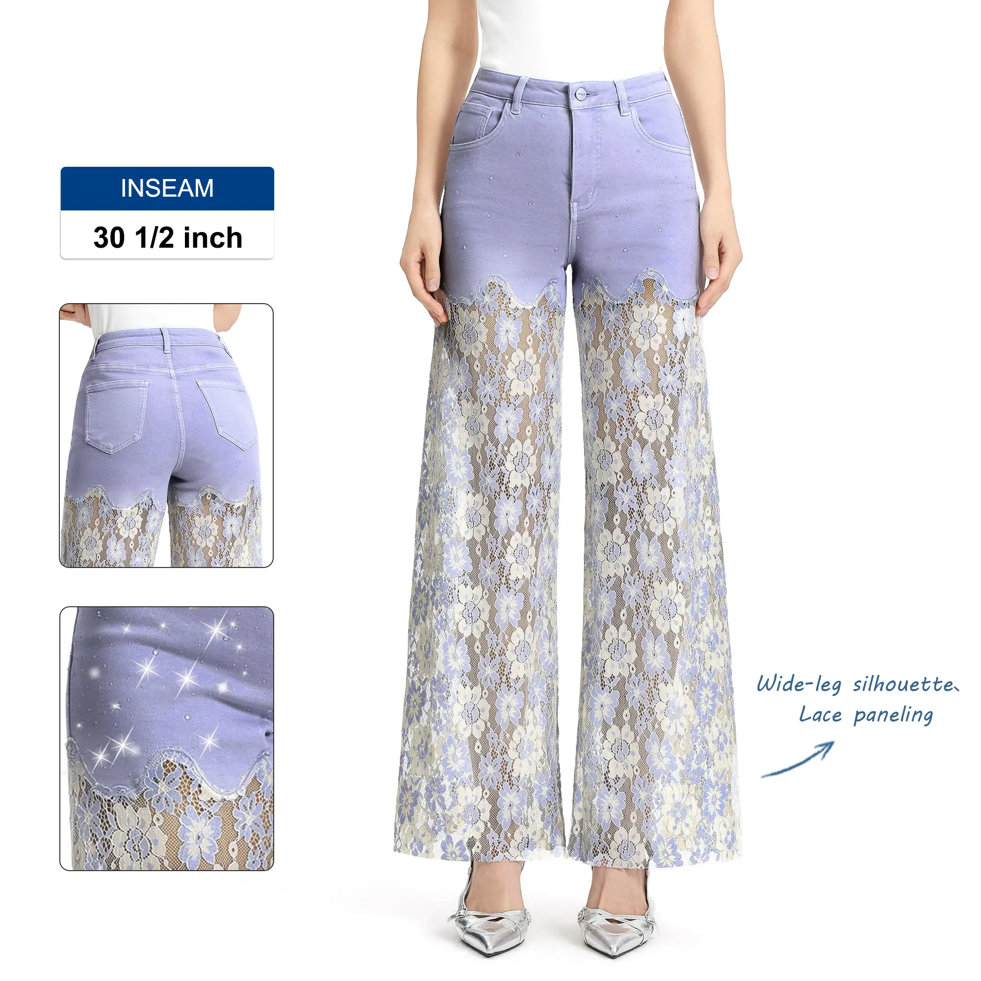 ONESO Women's LightI Purple Wide Leg Jeans High Rise Soft Denim Fresh Summer Wash Lace Pants Casual Look Vacation Staple #Summer Vibes