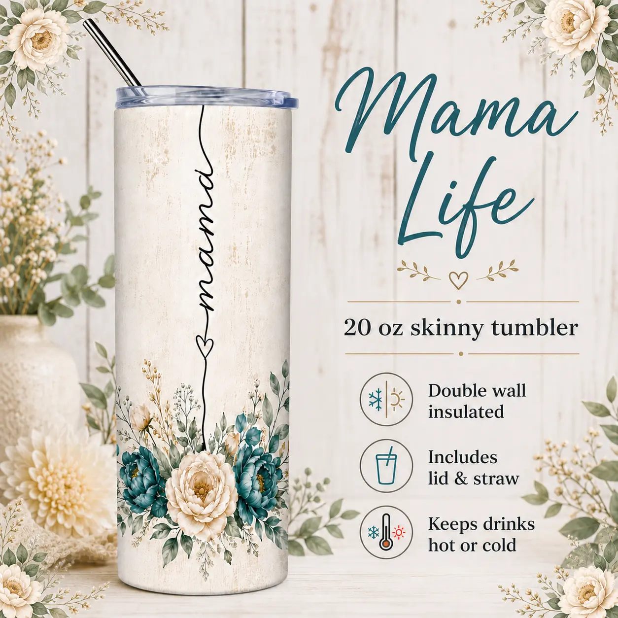 Mama Life Insulated Skinny Floral 20 oz Reusable Tumbler with Lid, Kitchenware Drinkware Cup