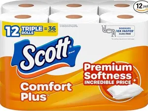 Scott Comfort Plus Premium Soft Toilet Paper 12 Rolls Pack Strong & Soft Bath Tissue Septic Safe Fast Dissolving Bathroom Tissue Rolls for Home Office & Commercial Use - Wipes, Kitchen