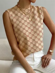 Women's Geometric Print Stand Collar Fitted Short Sweater, Casual Sleeveless Knit Top, Chic Comfortable Warm Clothing for All Seasons Womenswear Piece Lady