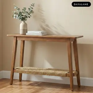DAYALANE[Valentine's Day] Karen Storage Console Table 46'' with Woven Shelf - Solid Wood, Modern Walnut Entryway Table, Hallway Accent Table for Living Room & Bedroom
