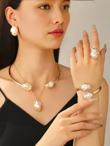 Luxury Baroque Pearl Jewelry Set, French Vintage Necklace Wedding Set Earrings Ring Bracelet, Elegant Faux Pearl Accessories, Perfect Gift for Girlfriend