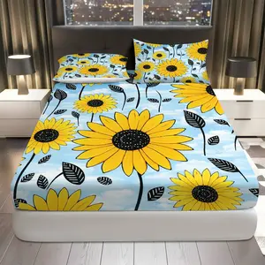 3Pcs Sunflower Sky Floral Fitted sheet Three Piece Set (1*Fitted Sheet+2*Pillowcases, Coreless), Summer theme, Bright Color Bedding Set, Mattress protector Soft, Breathable