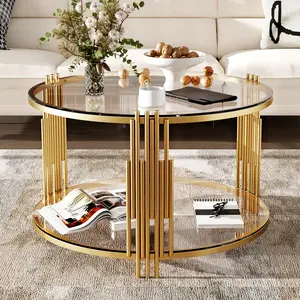 Modern Glass Coffee Table 31.5" Round Asymmetrical Gold Metal Drum Base Tempered Glass Top Lower Shelf Stylish Living Room Home Decor Focal Point Easy Installation No Tools Required