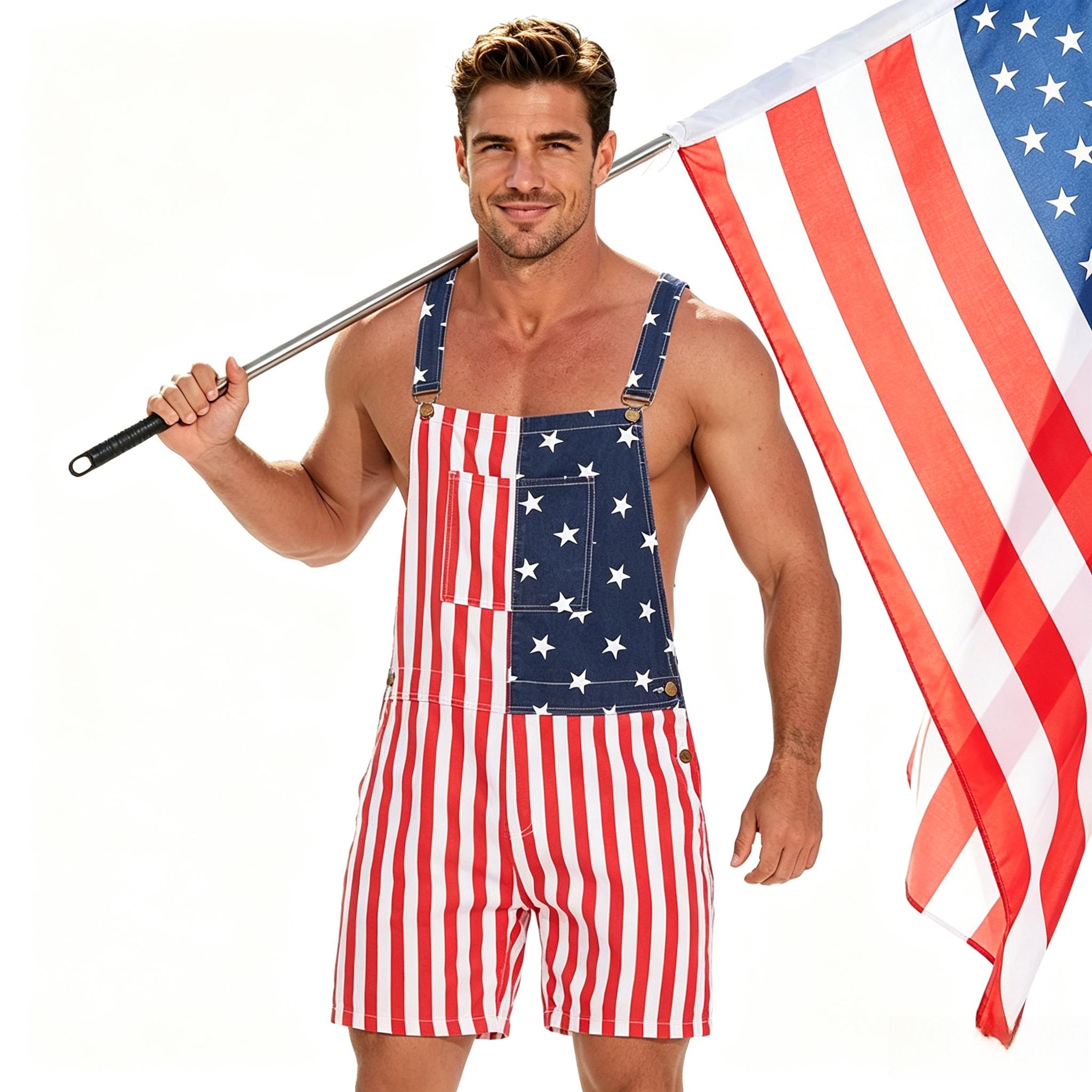 Men's Patriotic 250th Anniversary Stars-and-Stripes Flag Overalls Shorts - Menswear for Independence Day Celebration, American Flag USA 4th of July Party Wear, Work Bib Coveralls Romper Jumpsuit Gifts