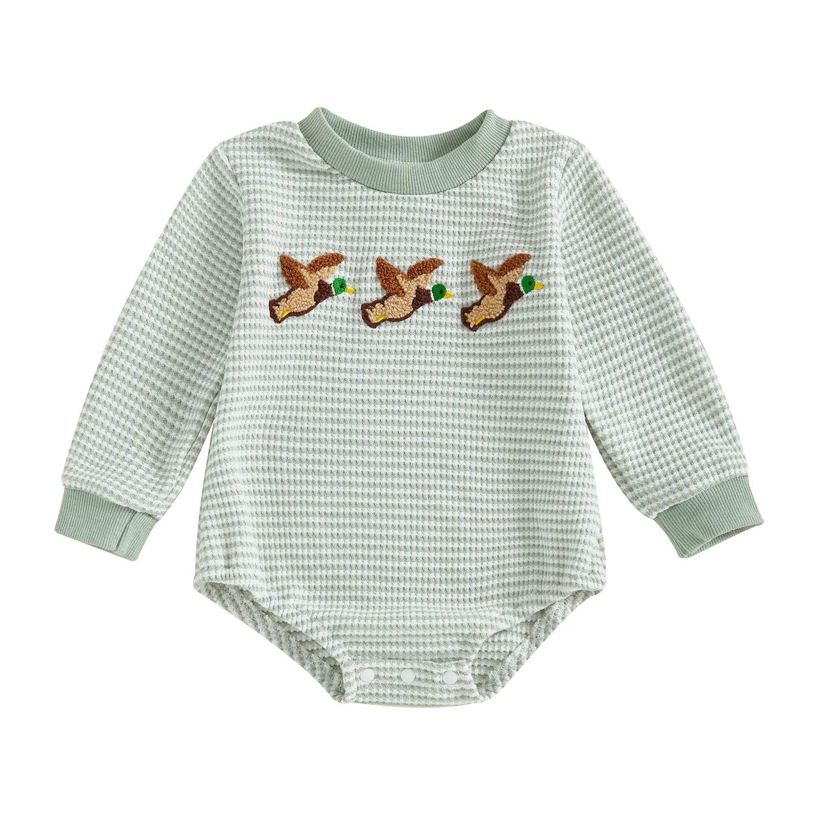 Canrulo Baby Boy Clothes Mallard Duck Embroidery Long Sleeve Romper Toddler Boys Waffle Outfit Set