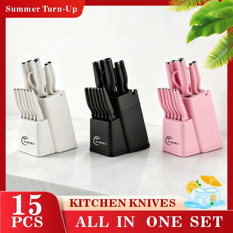 Modern matte black 15-piece kitchen knife set featuring high-hardness stainless steel sharp blades, scratch-resistant and corrosion-resistant construction, ergonomic non-slip handles, dishwasher-safe complete utensil set, includes space-saving knife holde