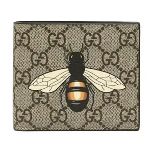 Gucci Men's Short Bifold Wallet, Bifold Card Holder, Canvas and Leather Construction with Bee Print and Logo, Ebony Color