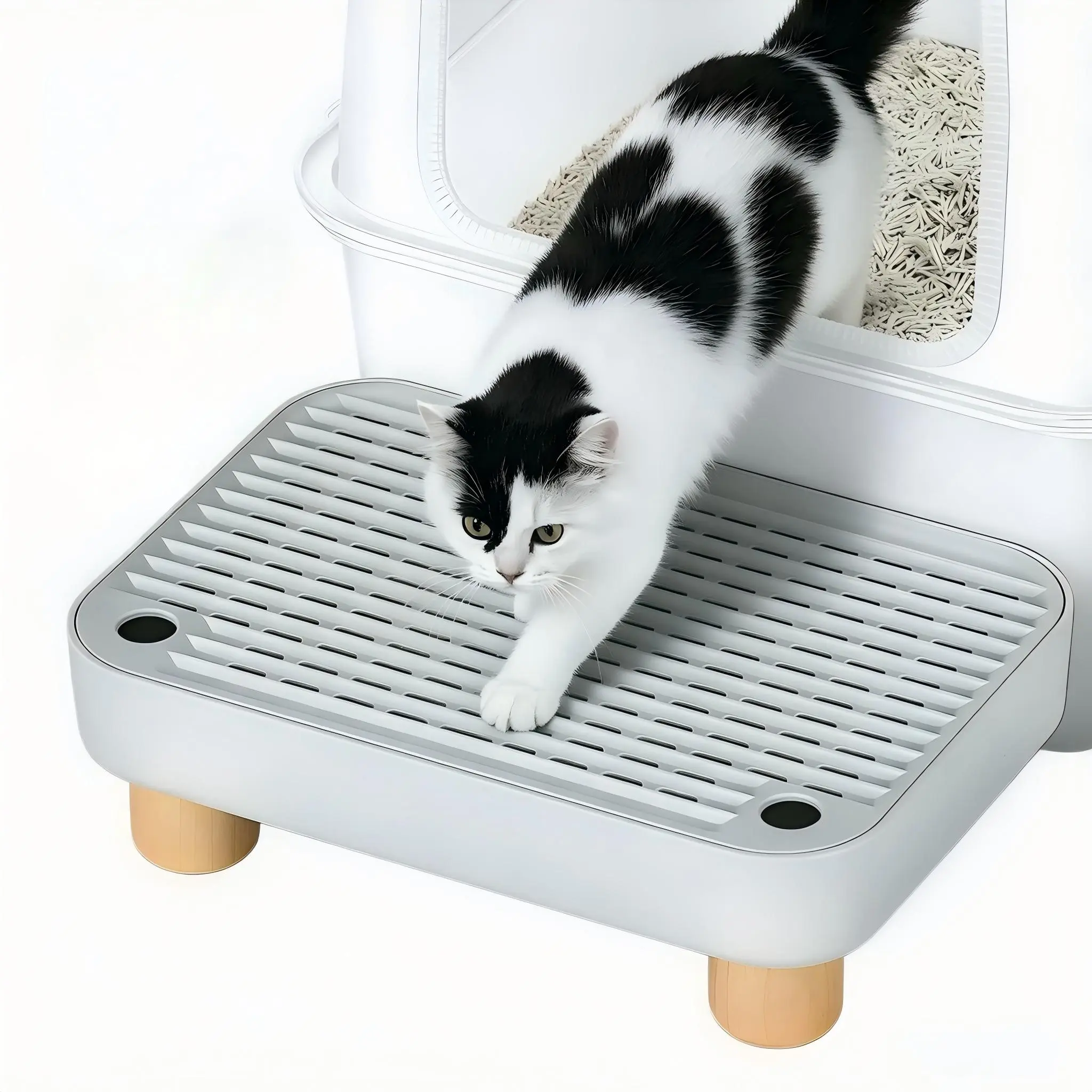 Cat Litter Box Step Ramp, Anti-Tracking Litter Catcher with Wooden Base, Easy to Clean for Small & Senior Cats, Free Cat Litter Shovel Included