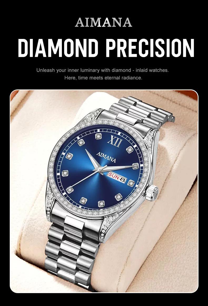 Men’s Business Fashion Quartz Watch, featuring a round full-diamond dial, available in three colors.luminous display, water resistance, and date function. A trendy, versatile, and exquisite timepiece — the perfect gift for birthdays or parties.