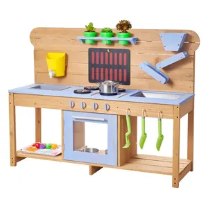 VEVOR Mud Kitchen, Outdoor Mud Kitchen for Kids, Wood Outdoor Play Kitchens with Spoons, Sink, Sunshade Canopy, Swivel Wheels, Cookware Pots and Accessories, Wooden Play Kitchens for Home, Lawn