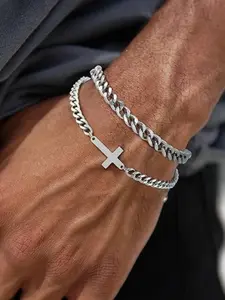 Men's 2-Piece Cross Cuban Chain Bracelet Set, Stainless Steel Silver Stackable Bracelets, Punk Casual Jewelry Gift for Men, Cross Charm Bangle