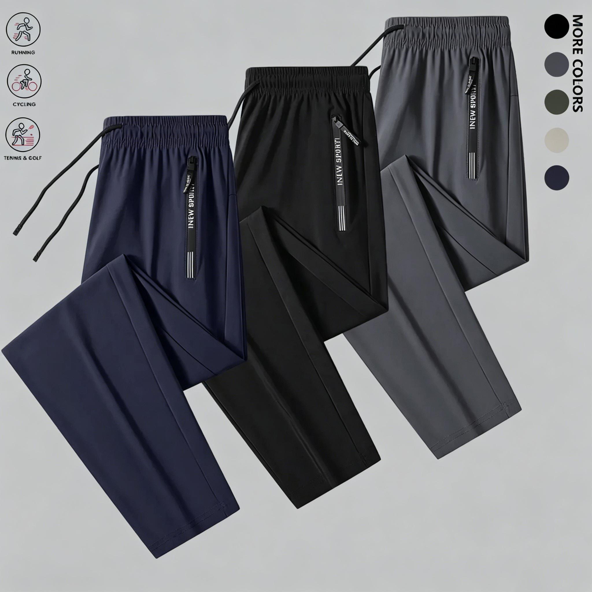 Men’s slim fit ice silk cool-touch lightweight long pants, 3-pack — drawstring elastic waistband design, zippered pockets; a summer essential for everyday casual wear. This flat-foot long pants is ideal for outdoor running and fitness.