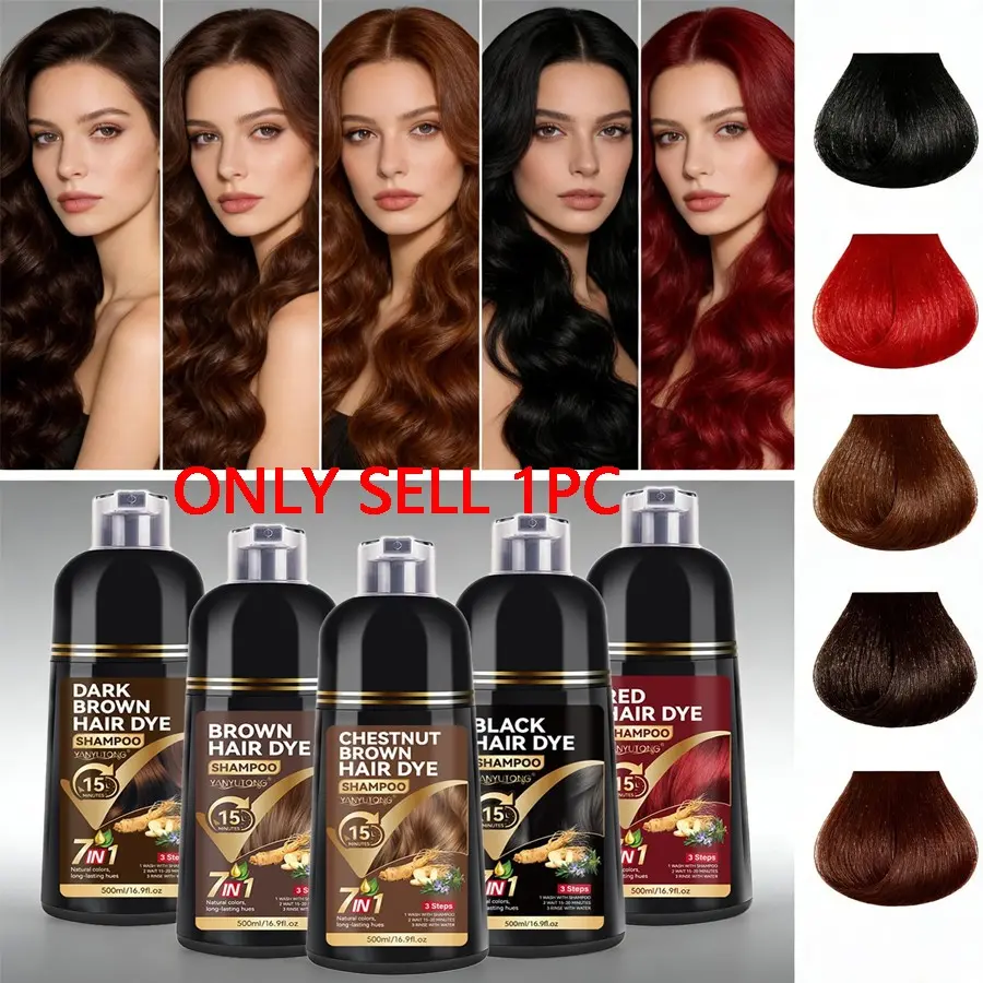 500ml 7-in-1 Herbal hair dye shampoo, Hair coloring, natural plant-based ingredients, controls frizz and covers white hair, gentle formula, long-lasting color, offers multiple color choices, salon grade household hair dye suitable for men and women
