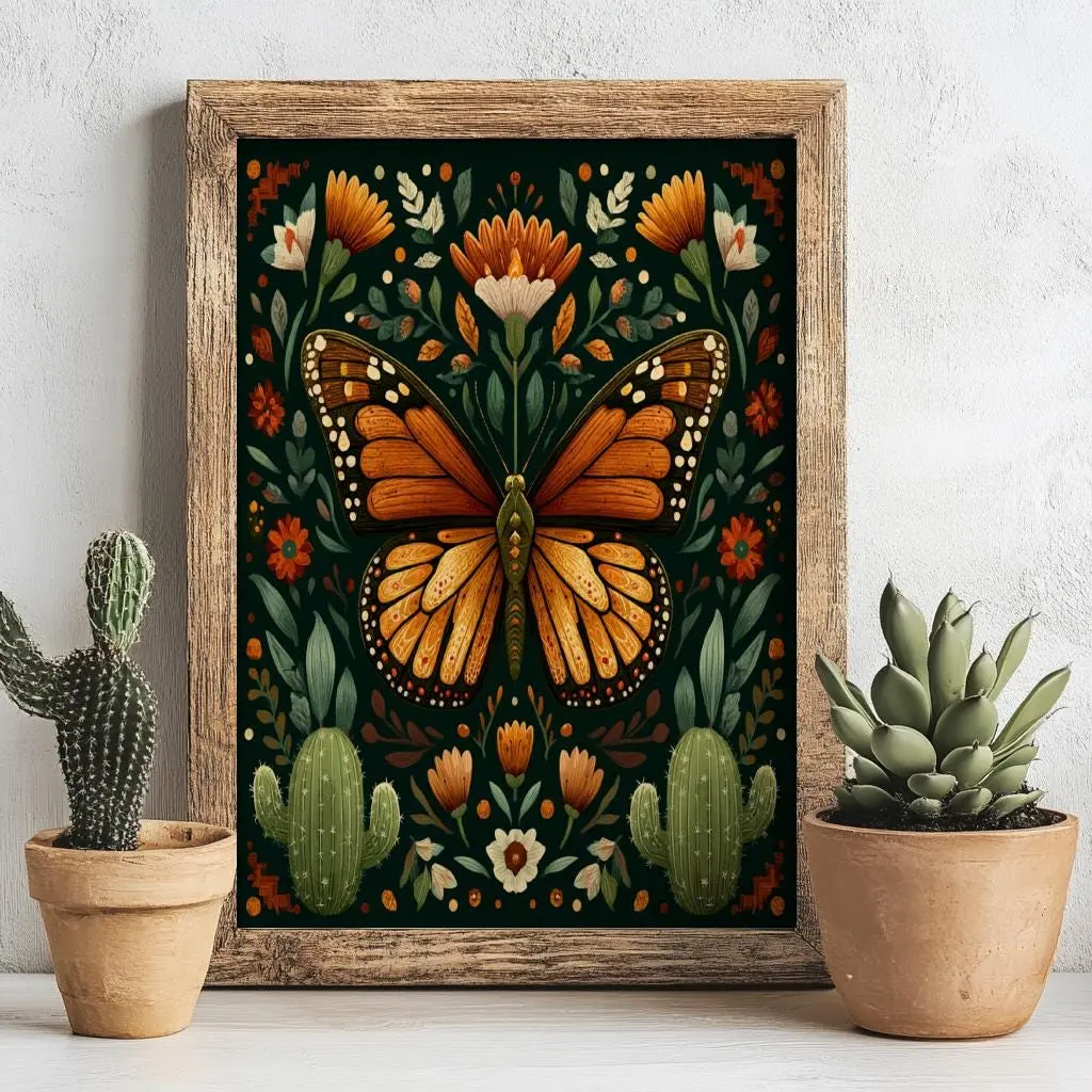 [UNFRAMED] Folklorico Monarch Butterfly Art Print – Colorful Mexican Folk Art, Spring Wall Decor, Vibrant Butterfly Poster