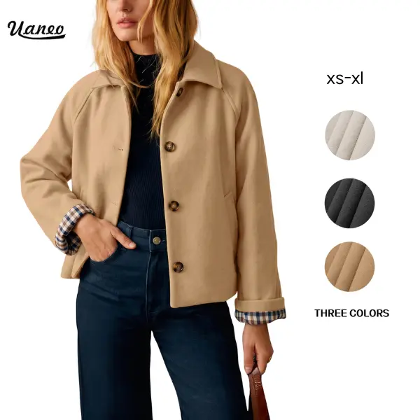 UANEO Women's Winter Cropped Pea Coat Wool Blend Short Jacket Checked Cuff Slim Fit Warm Outerwear