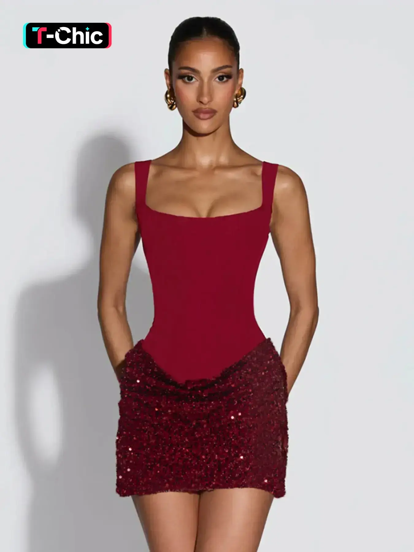 Women's Fashion Solid Color Spaghetti Strap Sleeveless Patchwork Sequin Fitted Dress, Elegant Formal Evening Sequin Details Party Wear, All Seasons, Perfect for Daily, Womenswear Garment, Lady