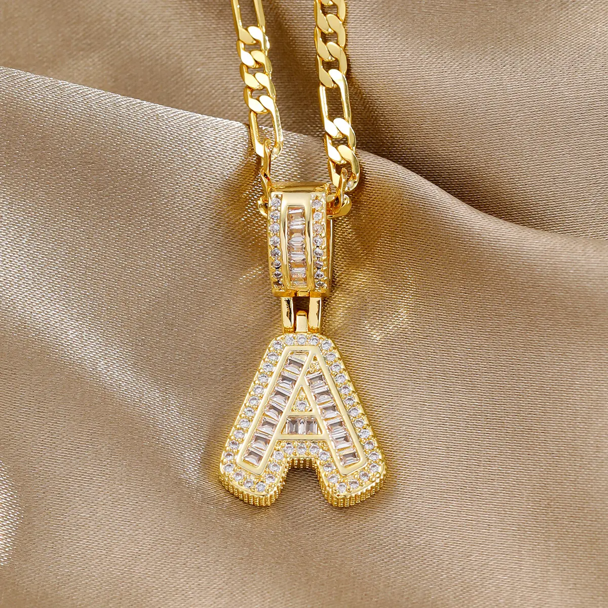 Copper inlaid zircon letter pendant ladder square rock sugar 26 English letter necklace couple men and women same style