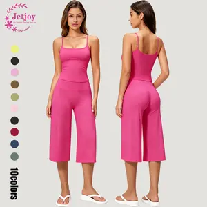 Jetjoy Workout Sets for Women 2 Piece,Casual Sets for Women Spaghetti Straps Crop Top Matching Wide Leg Capri Pants Gym Work Pilates Outfits Compression
