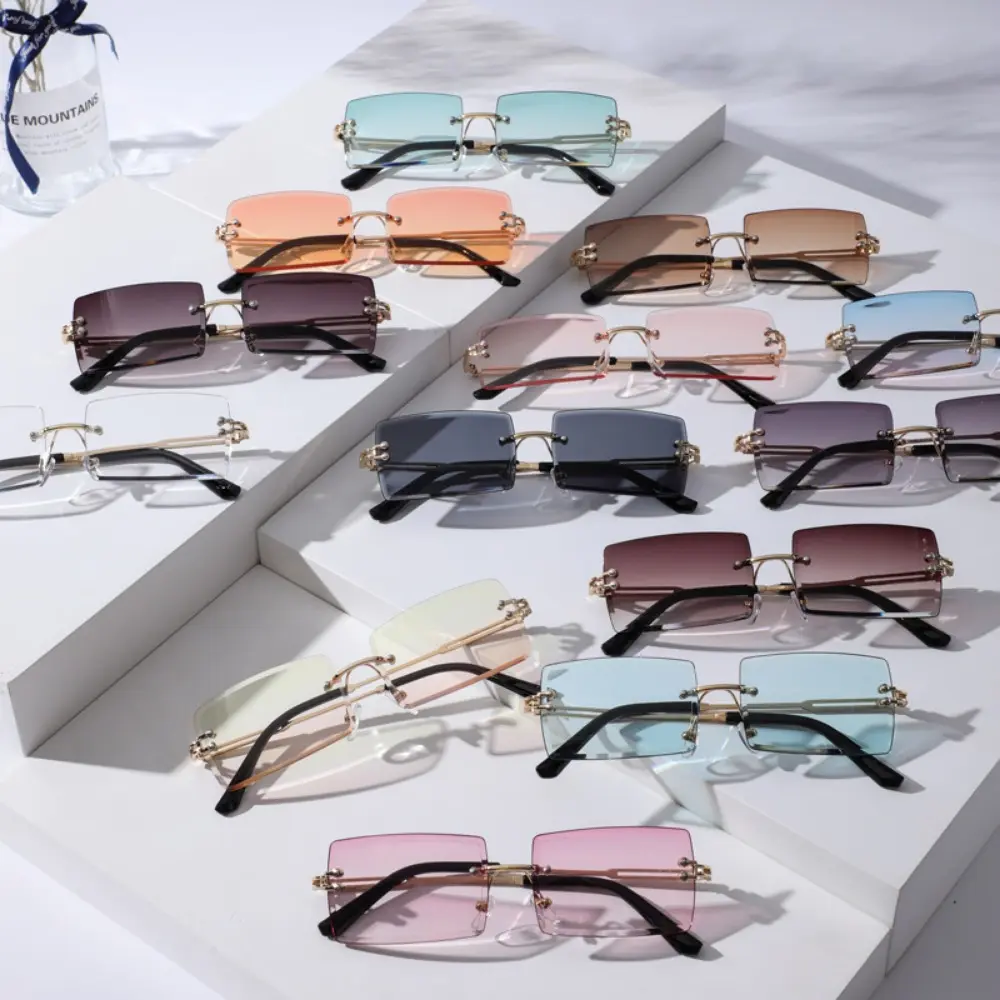 4 Pack Square Rimless Sunglasses Fashion Frameless Glasses Eyewear Rectangle Transparent Y2K Glasses Tinted Lenses Polarized for Women Men