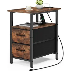 End Table with  Station, Narrow Side Table, 23.8'' Tall Nightstand with 2 Fabric Drawers, Small Sofa Side Table Narrow Nightstand for Small Spaces, Bedroom, Bedside, Rustic Brown