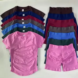 Dfyne Cross-Waist Hip-Lifting Shorts + Short-Sleeve Sports Set |   Seamless Knit Breathable Quick-Drying |   Fitness & Yoga Two-Piece Set