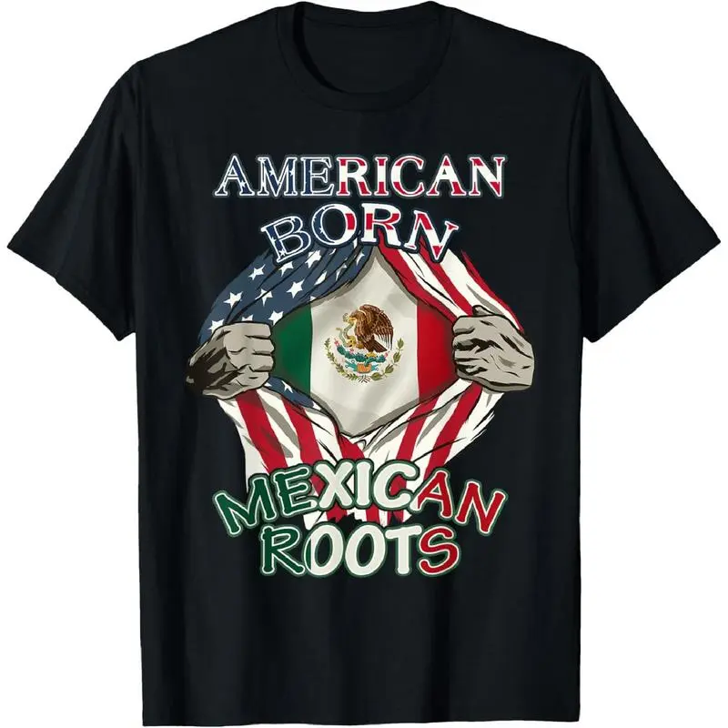 Men's Short-Sleeve T-Shirt, Unique Graphic Tee with American Born Mexican Roots Flag Design, Proud USA-Mexico Love Tops, Casual Streetwear, Shortsleeve