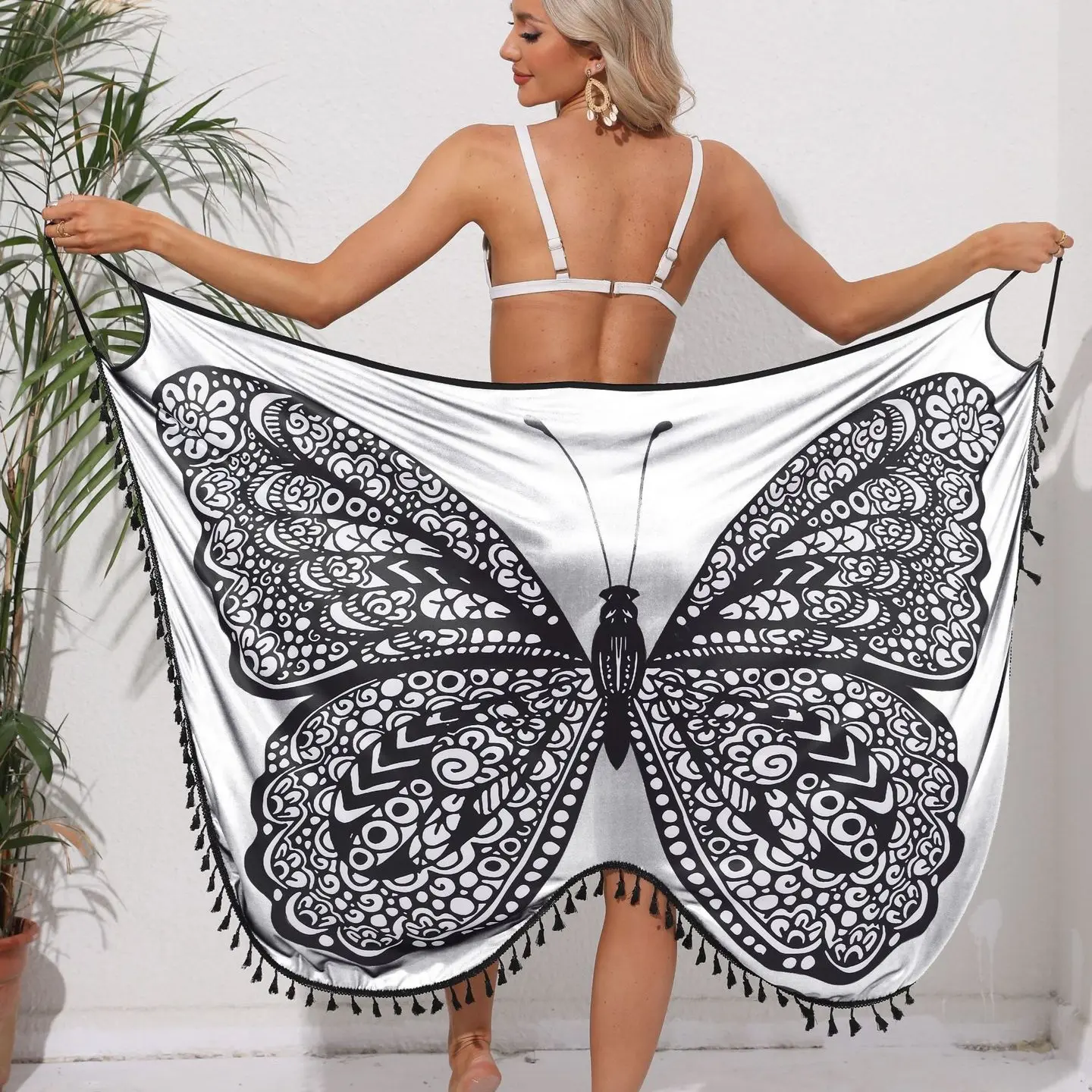 Women's Butterfly Print One Piece Wrap Beach Cover Up Dress Spaghetti Strap Backless Tassel Trim 2026 Trendy Boho Sun Protection Lightweight Breathable for Vacation Resort Swimwear
