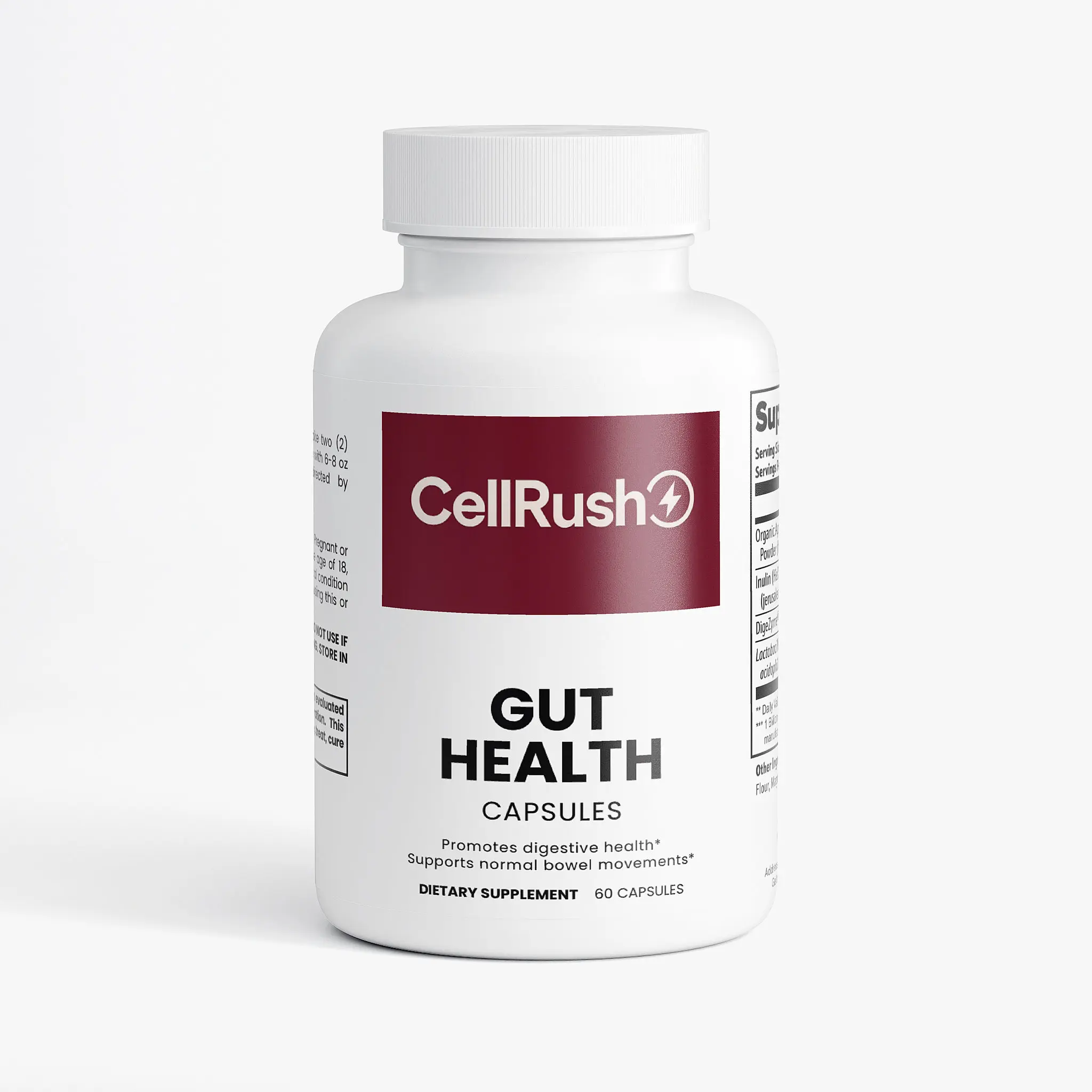 CellRush Gut Health Capsules - 60 Organic Apple Cider Vinegar Powder & Inulin Prebiotic Fiber Supplement for Digestive Wellness Healthcare Dietary Edible Fitness Natural Vitamin Bathroom