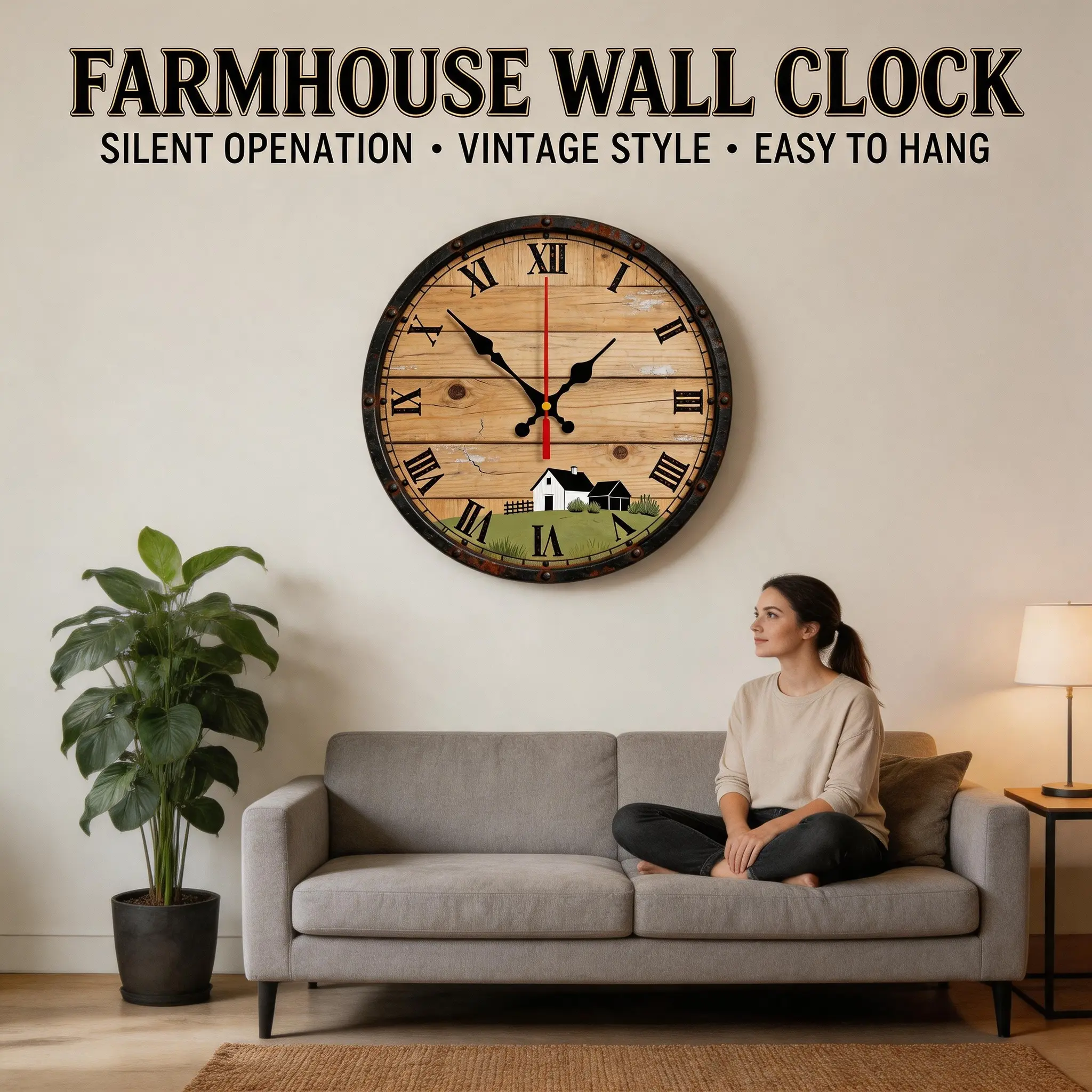 Rustic Farmhouse Wooden Round Wall Clock, Vintage Country Barn Landscape Decorative Clock for Living Room Home Decor